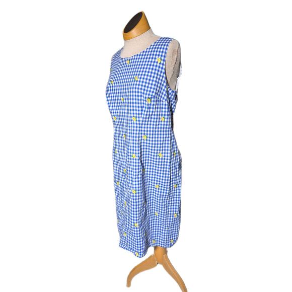 Talbots Blue Cotton Gingham Lemon Embroidered Knee Length Shift Dress Sz 6 - Picture 1 of 7